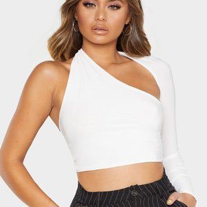 Cream One Shoulder Asymmetric Long Sleeve Crop